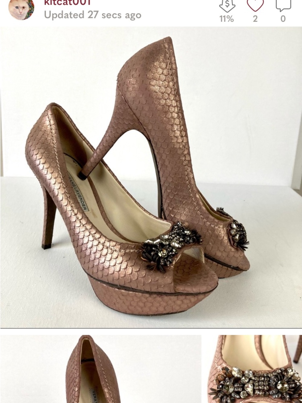 Vera Wang Metallic Blush Pink Jeweled Peep-Toe Heels - Picture 2 of 7